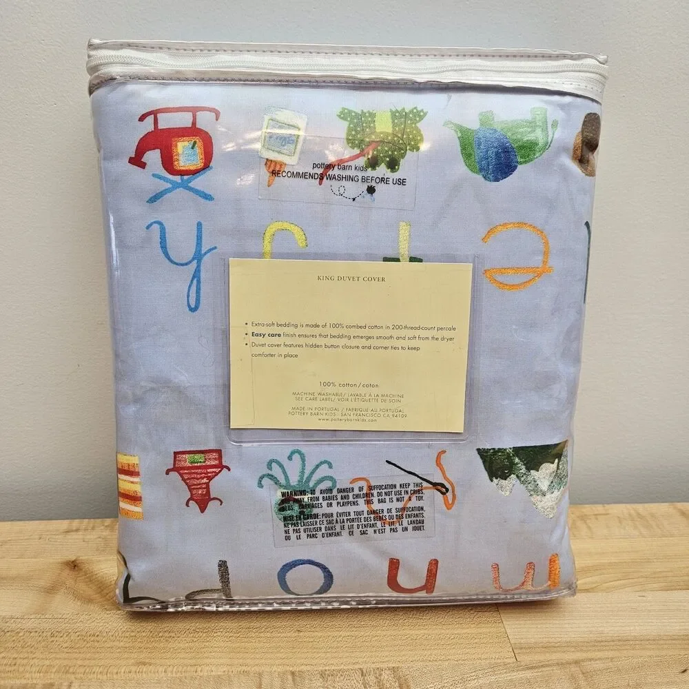 NEW Pottery Barn Kids Alphabet Soup KING Duvet Cover ABC Printed Bedding COTTON